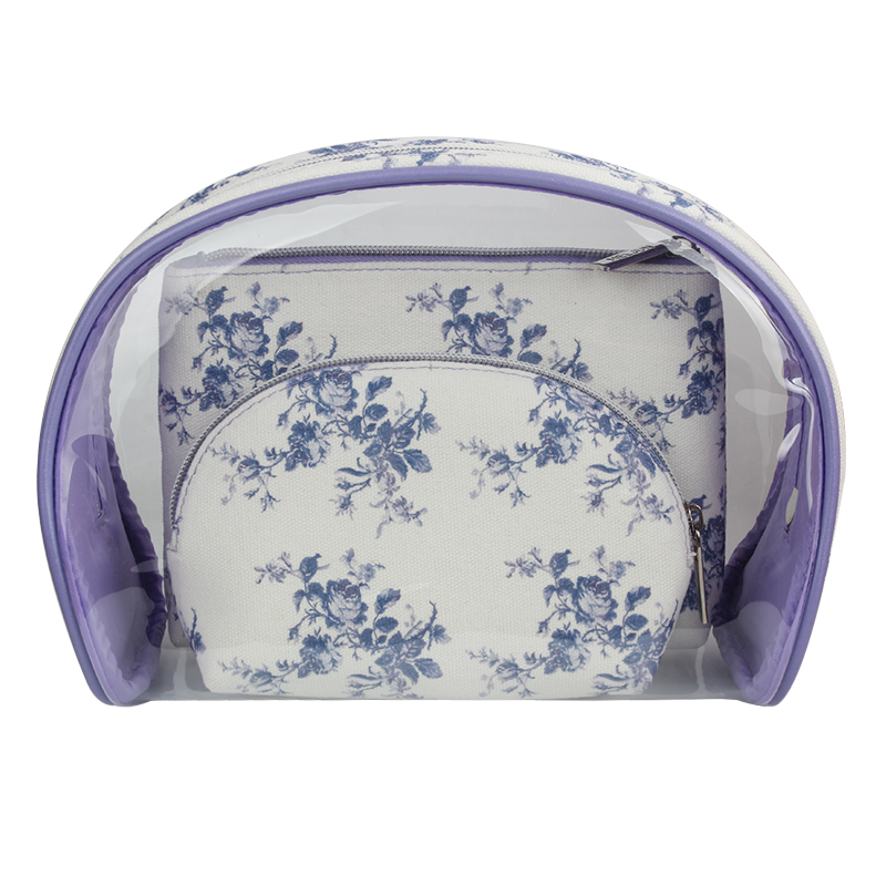 Purple clear canvas makeup bag 3 pcs set custom cosmetic bag 