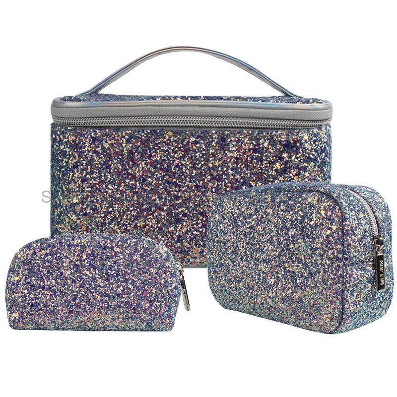 New Arrival Blue Shiny Makeup Pouch Luxury Glitter Travel Cosmetic Bag Cases