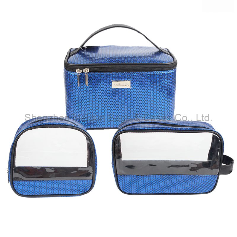 New Material Sequin PU Cosmetic Bag Fashion Blue Portable Makeup Pouc