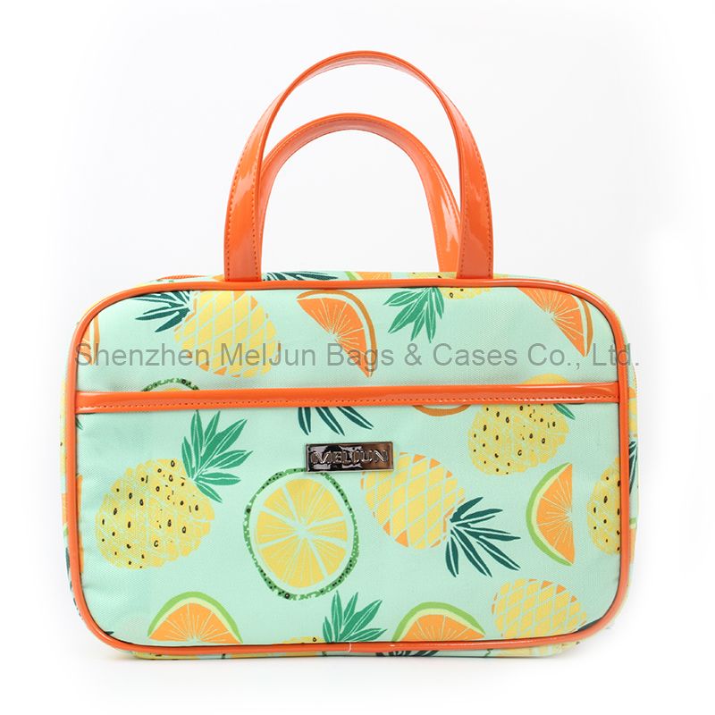 Tropical Fruit Pattern Design Carry Cosmetic Bag With Lifting Yoke PVC Lining Waterproof Travel Makeup Bag 