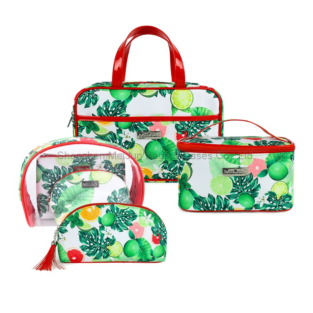 2020 New Trend Custom Polyester Print And Pattern Handle Cosmetic Bag Set Fruit Design Makeup
