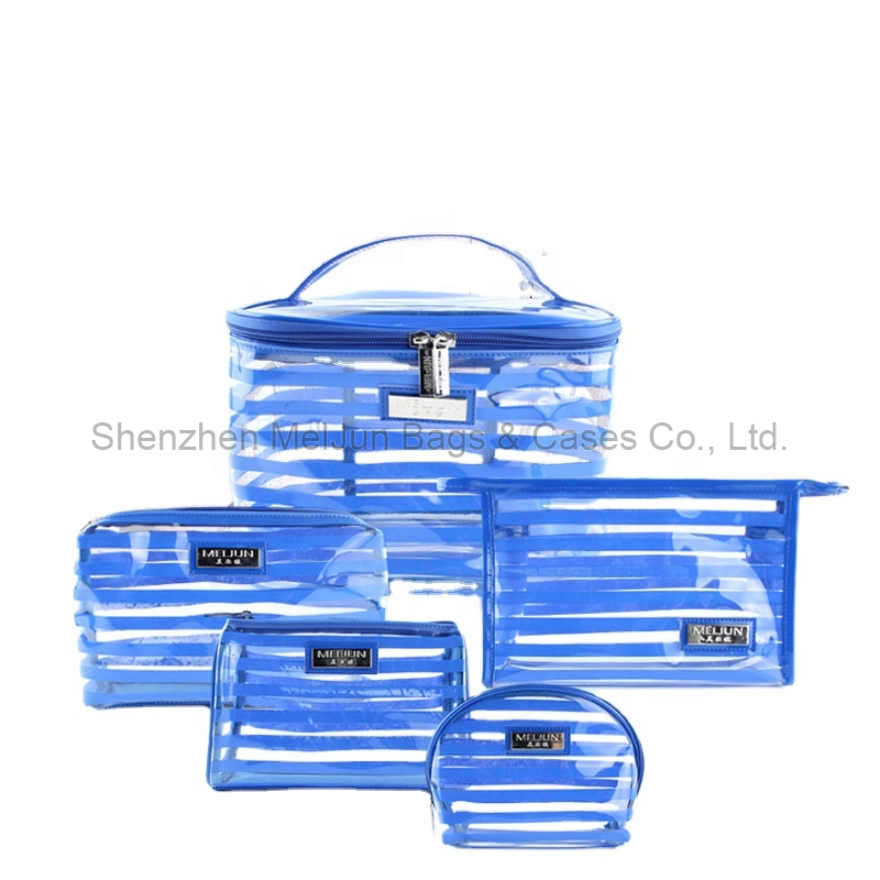 Wholesales Cheap Transparent PVC Cosmetic Bag Printed Blue Stripe Fashion Travel Makeup Pouches 