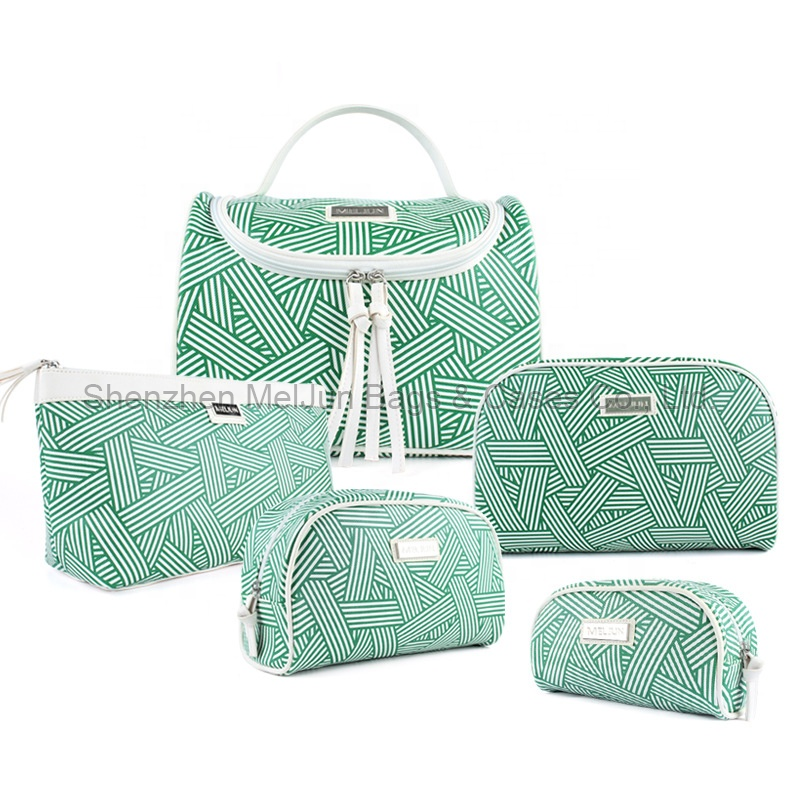 High Quality Green Stripe PU Leather Cosmetic Bag Set Vanity Bag Hot Sale Private Label Makeup Bag 