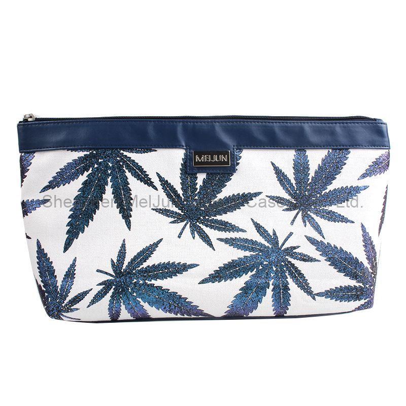 Wholesale Maple Leaf Printing Cotton Canvas Zipper Cosmetic Bag Customized Logo Makeup Travel Bag 