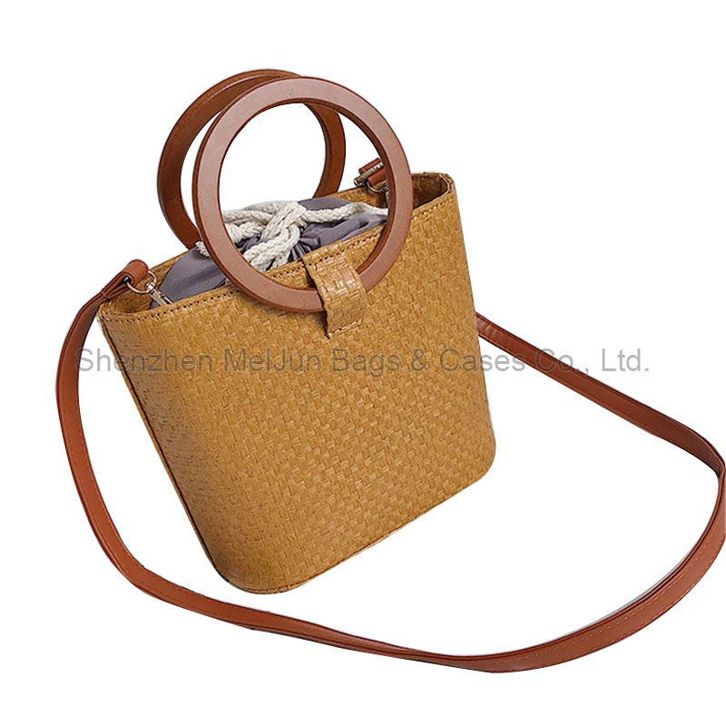 custom smooth leather wooden handle ladies hand bag women bucket handbag