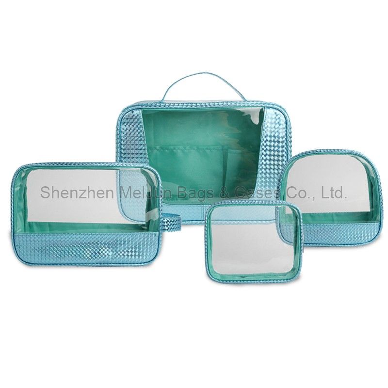 China Suppliers 4Pcs Blue Leather Makeup Bags Pu Portable Travel Makeup Bag Promotional Small Cosmetic Bag Sets