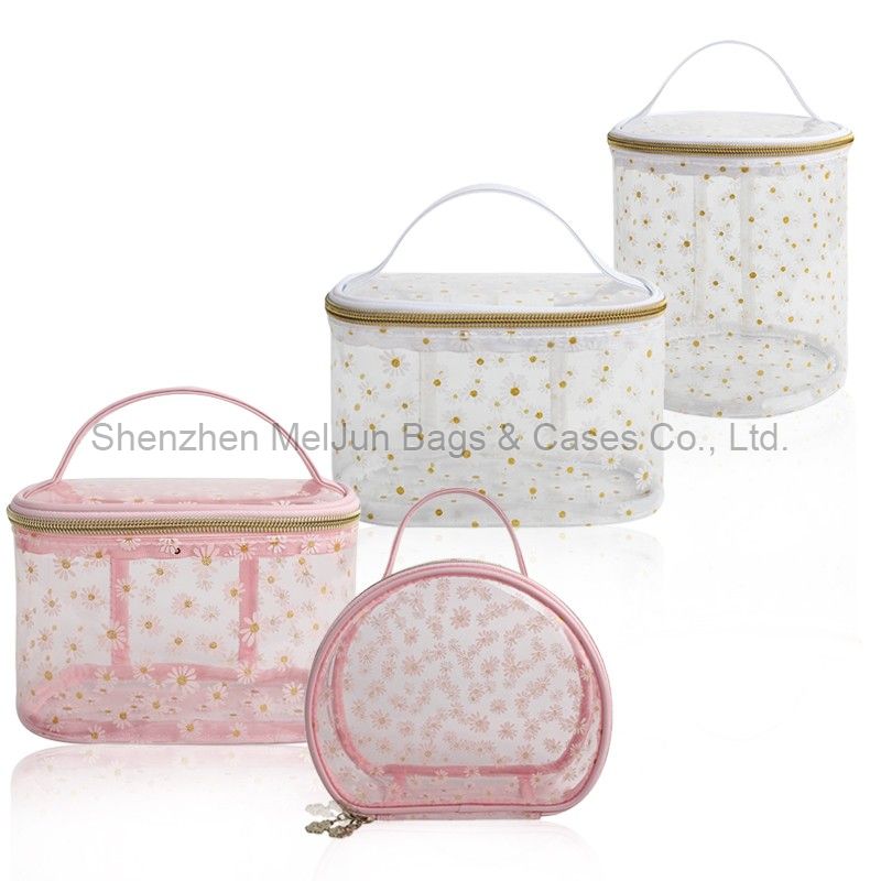 New fashion fabric transparents PVC print daisy makeup bag set