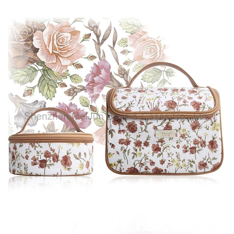 High quanlity canvas print flower women travel cosmetic bag portable wash bag