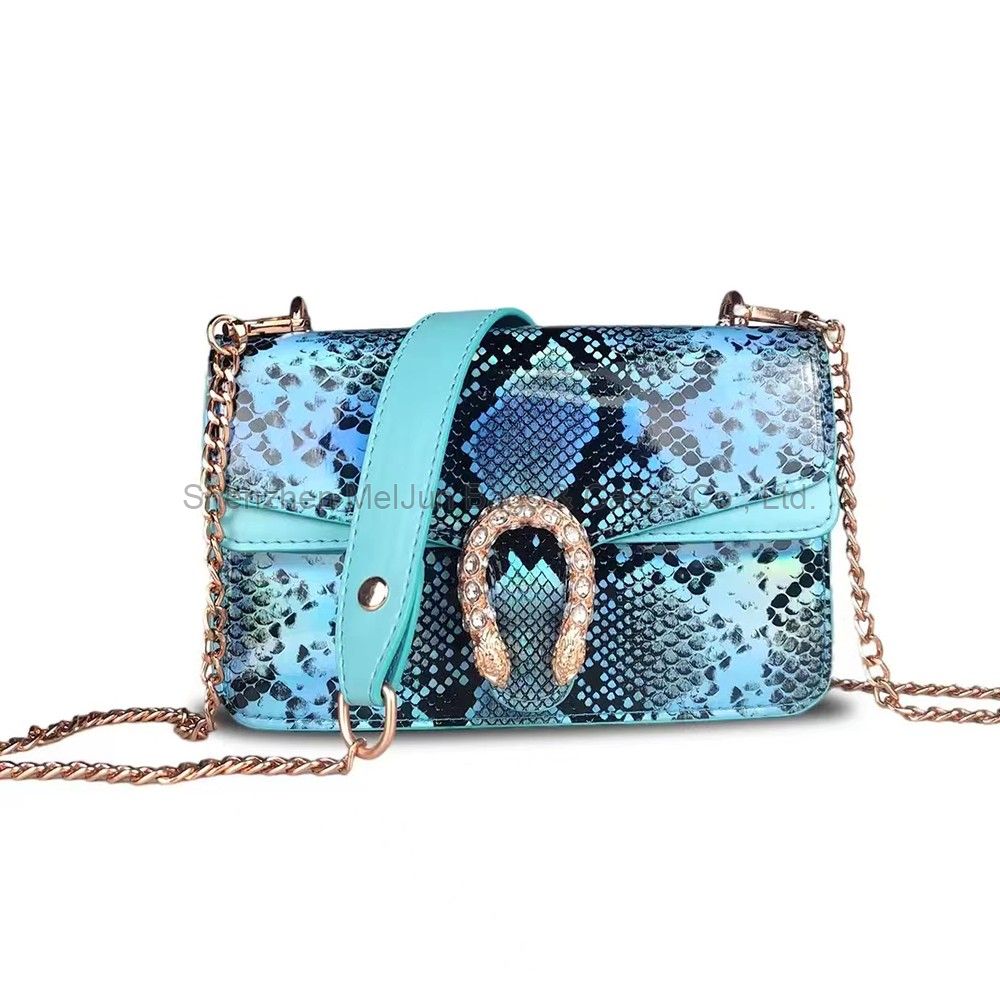New modern fashion single shoulder oblique span waterproof mirror blue PU magic color snake print women's bag