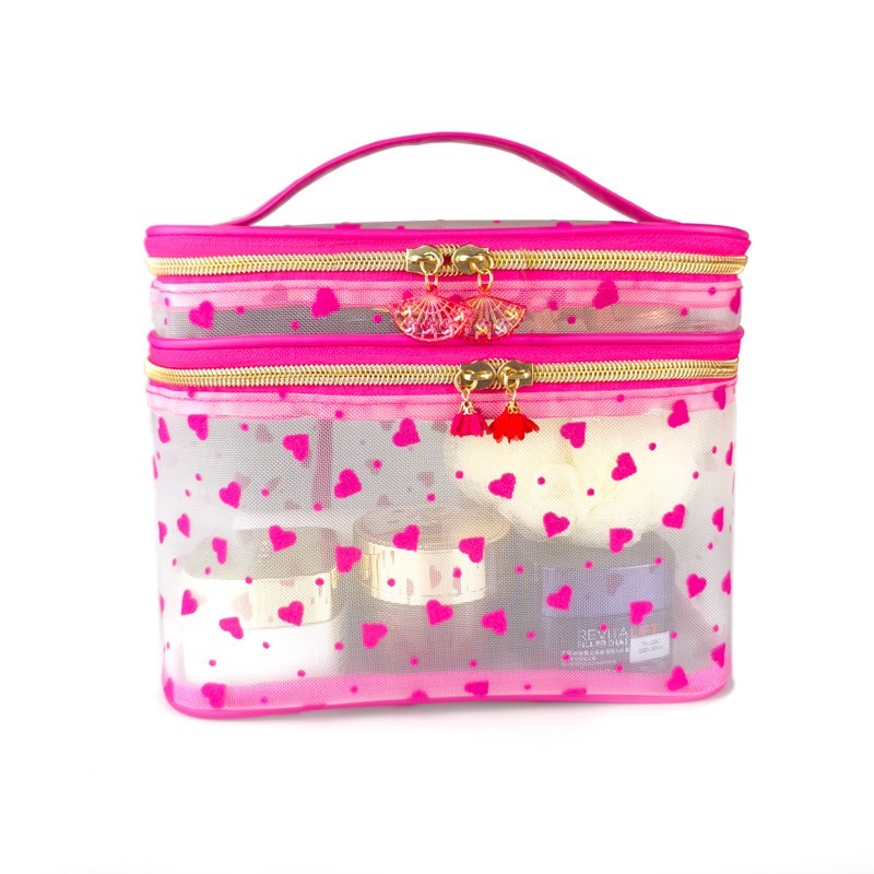 MEL JUN Pink Love transparent mesh Makeup Bag Set Portable large capacity travel toiletries storage bag
