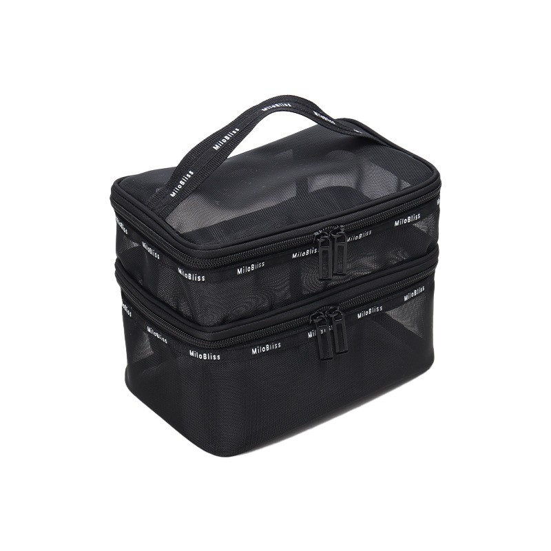 MEL JUN Black mesh multifunctional layered makeup bag Large capacity makeup storage bag Portable toiletry bag
