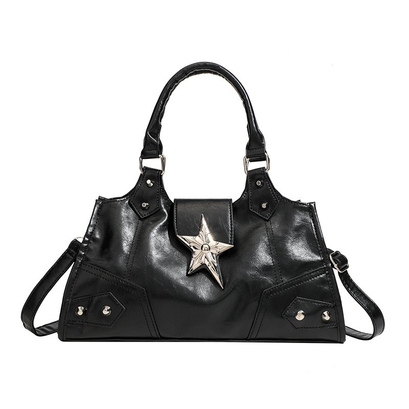 MEL JUN's 2000s Retro Punk Scrap Star Bag - Black Leather Stud Five-Star Bag - A niche streetwear handbag with a shoulder strap and an underarm strap.