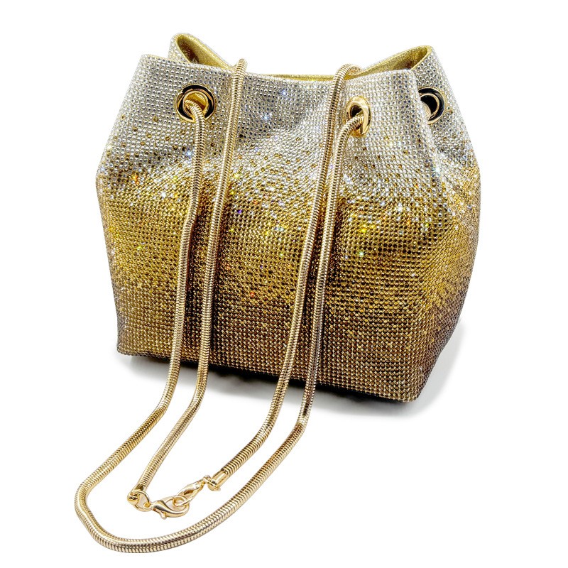 MEL JUN Diamond Bucket Bag for Wedding Banquet - Multi-color Gradient Faceted Diamond Handbag for Ladies Evening Wear - Chain Shoulder Bag
