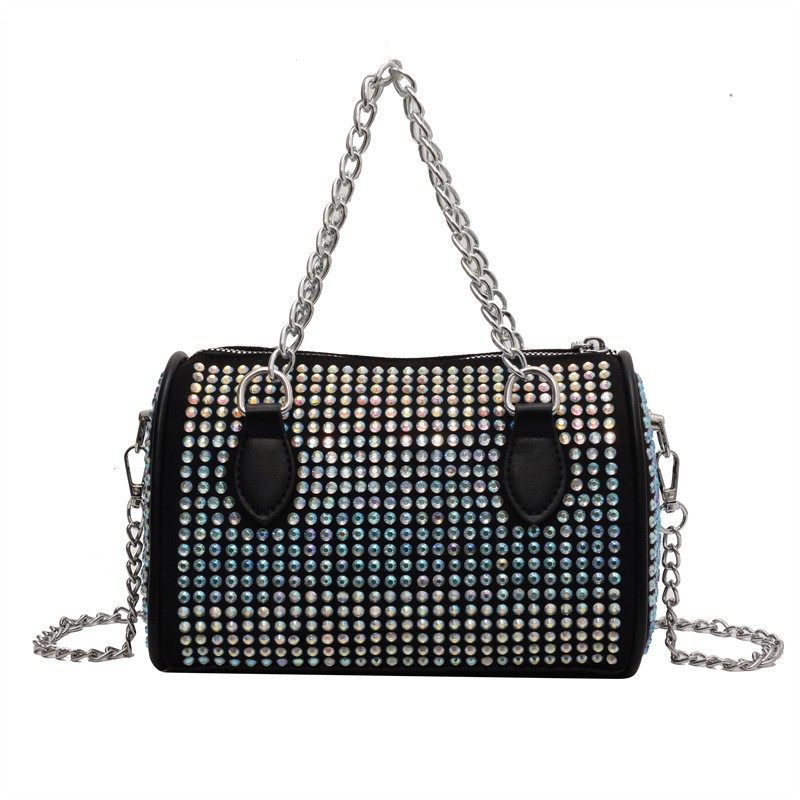 MEL JUN High-end glittering diamond bucket-shaped women's bag with wide chain, fashionable and niche design, popular cross-body bag for single shoulder, large capacity women's bag