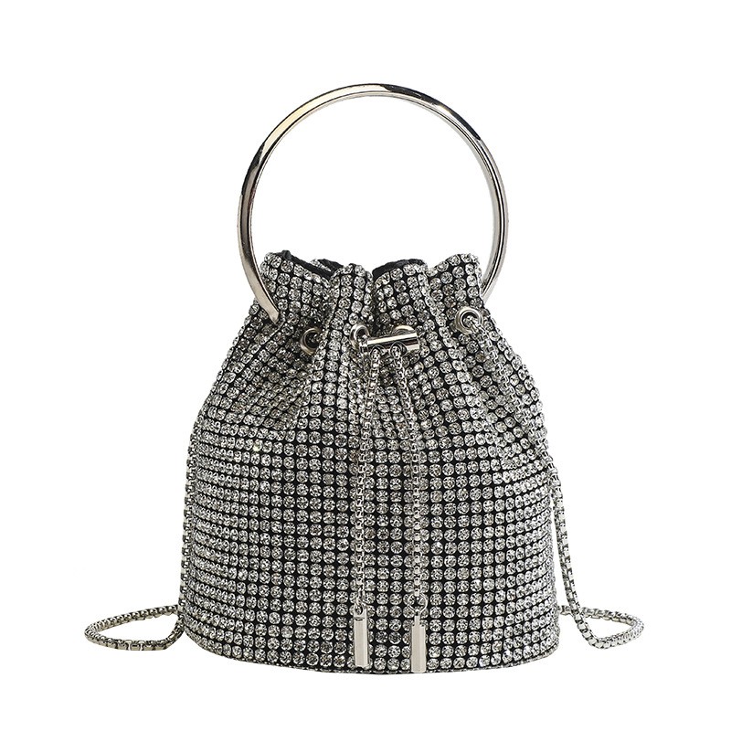 MEL JUN's new diamond bucket bag for women, with a shoulder strap, crossbody and handbag features, featuring diamond fringes and retractable chain.