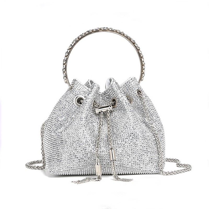 MEL JUN's new diamond bucket bag for women, with a shoulder strap, crossbody and handbag features, featuring diamond fringes and retractable chain.
