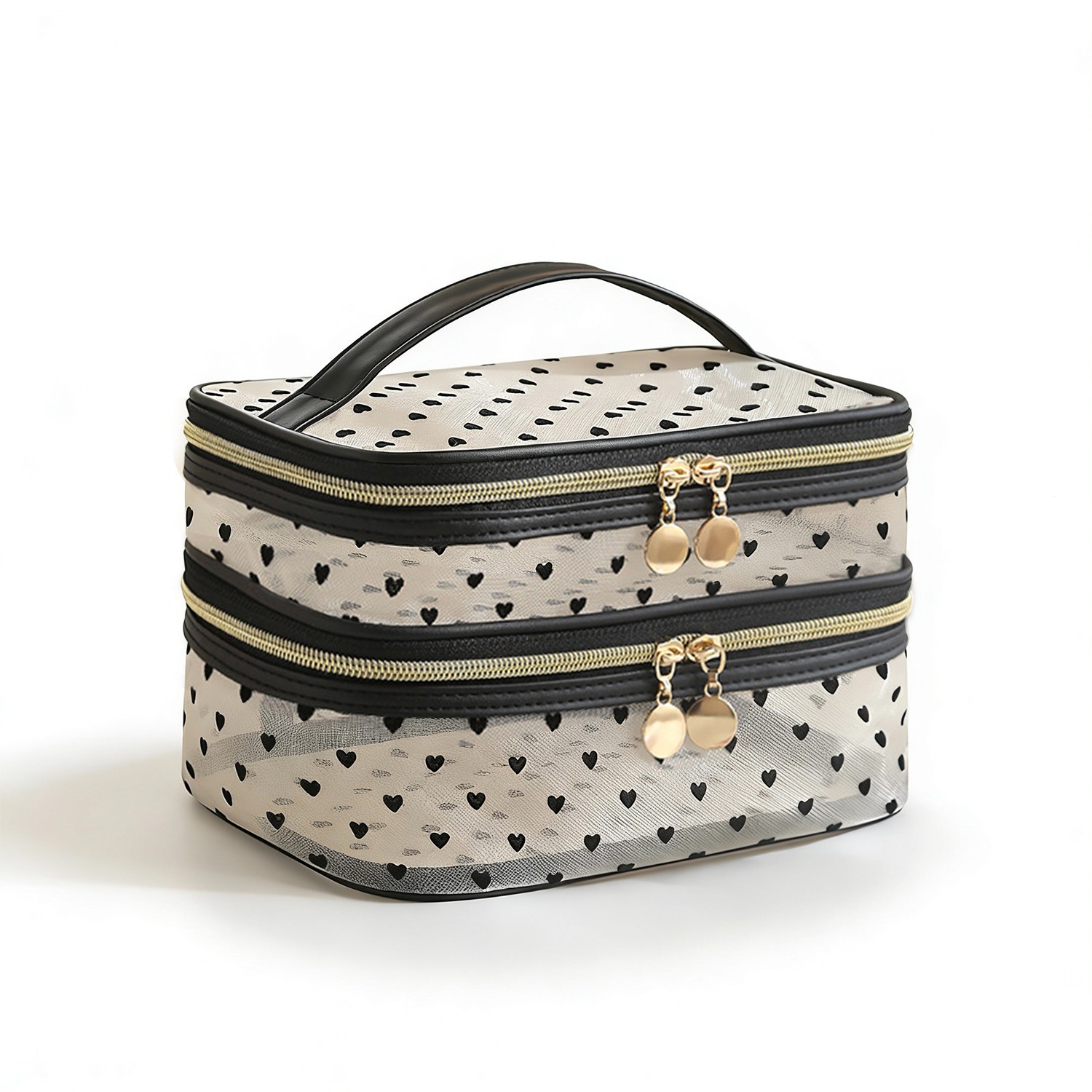 MEL JUN's new plush heart-patterned net-sheer makeup bag is an ideal travel and office cosmetic storage bag. It has a large capacity and a high aesthetic appeal.