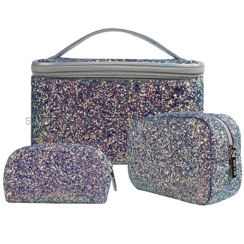 New Arrival Blue Shiny Makeup Pouch Luxury Glitter Travel Cosmetic Bag Cases