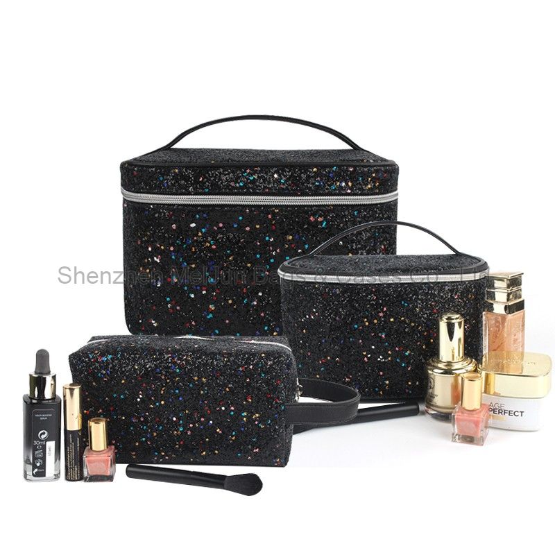 Excellent Quality Promotional glitter cosmetic bag LOGO Customized Luxury reusable makeup bag with ribbon handle