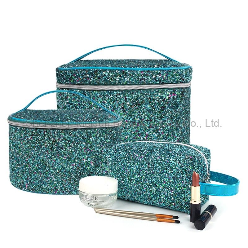 Excellent Quality Promotional glitter cosmetic bag LOGO Customized Luxury reusable makeup bag with ribbon handle