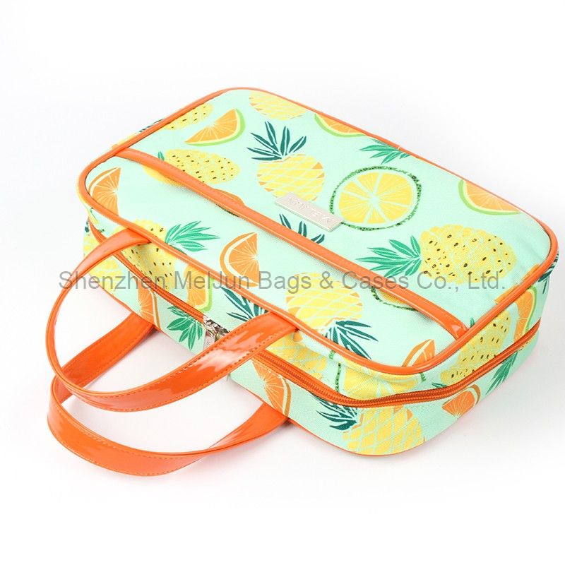 Tropical Fruit Pattern Design Carry Cosmetic Bag With Lifting Yoke PVC Lining Waterproof Travel Makeup Bag