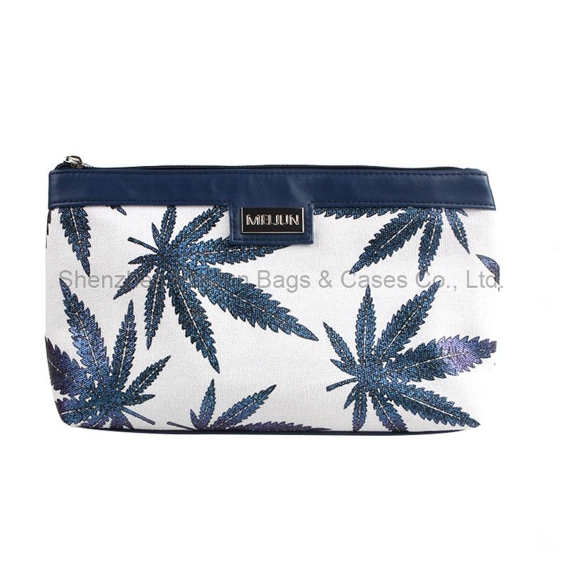 Wholesale Maple Leaf Printing Cotton Canvas Zipper Cosmetic Bag Customized Logo Makeup Travel Bag