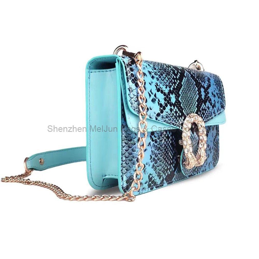 New modern fashion single shoulder oblique span waterproof mirror blue PU magic color snake print women's bag