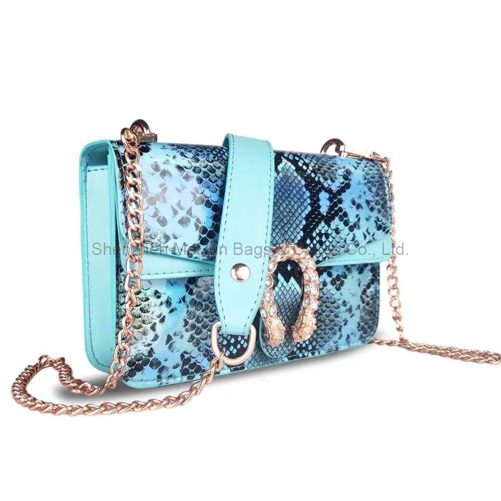 New modern fashion single shoulder oblique span waterproof mirror blue PU magic color snake print women's bag